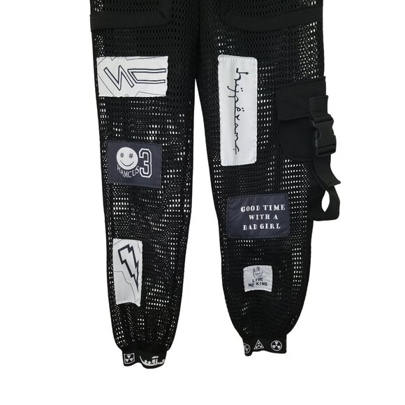 Black Mesh Streetwear Hip Hop Patchwork Cargo Pants w/ Buckle Detail Unisex Sz M - Picture 3 of 12
